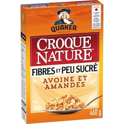 Quaker Céréales Croque nature Fibres et peu sucré Avoine et amandes 460 g, 1,30 $/100g