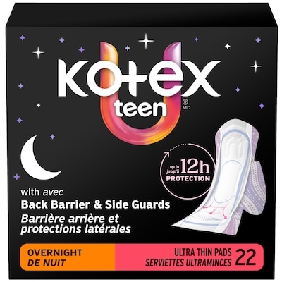 Kotex Serviettes ultraminces de nuit pour adolescentes Bamboo avec ailes, absorption élevée, 22 unités 22 ea, 0,55 $/1ch