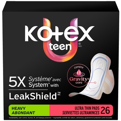 Kotex Serviettes ultraminces pour adolescentes avec ailes, absorption élevée, 26 unités 26 ea, 0,46 $/1ch