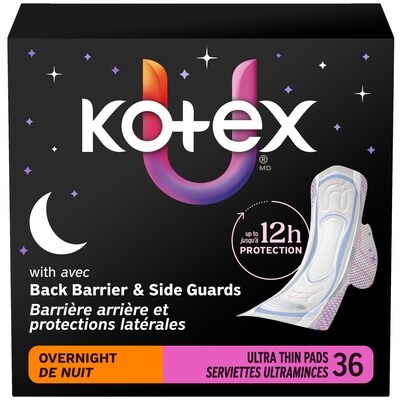 Kotex Ultra Thin Overnight Pads With Wings, Heavy Absorbency, 36 Count 36 ea, $0.36/1ea