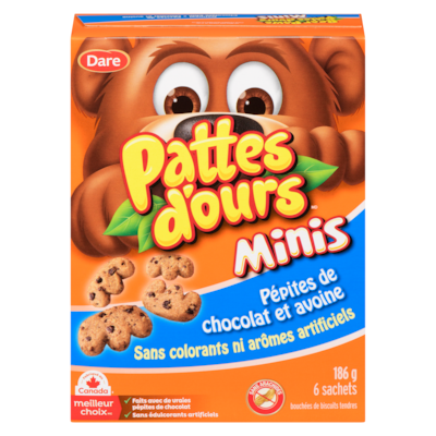 Dare Pattes d'ours mini-biscuits à l'avoine et pépites de chocolat, paquet de 6 sachets 186 g, 2,68 $/100g