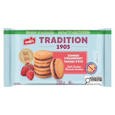Leclerc Biscuits tendres fraises d'été 280 g, 1,25 $/100g