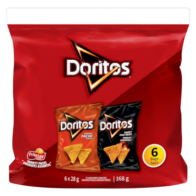 Doritos Pack variété de chips, cheddar nacho et piment sucré, 6 sacs 168 g, 4,16 $/100g