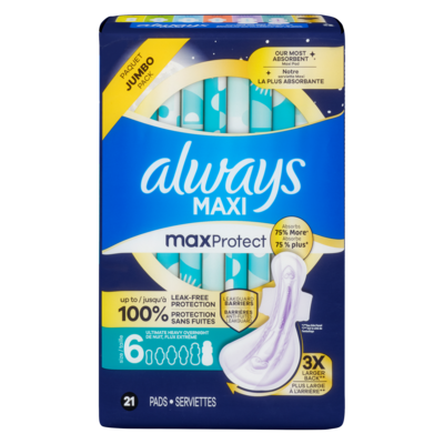 Always Serviettes hygiéniques maxi, maxprotect, paquet de 21 21 ea, 0,67 $/1ch