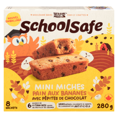 School Safe Mini miches pain aux bananes avec pépites de chocolat 296 g, 1,85 $/100g