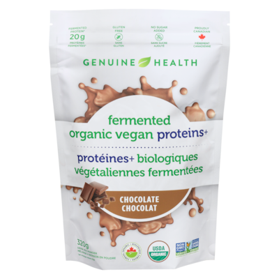 Genuine Health Protéines+ biologiques végétaliennes fermentées mélange à boisson en poudre chocolat 320 g, 11,56 $/100g
