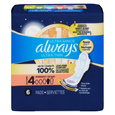 Always Ultra Thin Sanitary Pads, Overnight with Wings, 6 Count 6 ea, $0.72/1ea