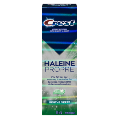 Crest Dentifrice haleine propre menthe verte : neutralise la mauvaise haleine, protège contre les bactéries, combat la carie, rafraîchit l’haleine, blanchit en douceur 55 ml, 12,35 $/100ml