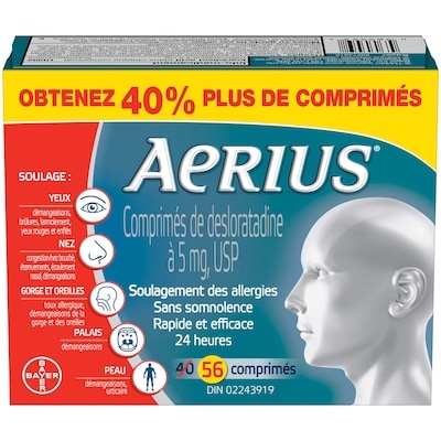 Aerius AERIUS Allergies, soulagement rapide et sans somnolence durant 24 heures, 15 symptômes, 40 comprimés 56 ea, 0,82 $/1ch