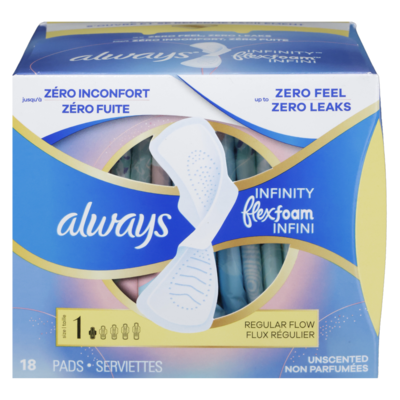 Always Sanitary Pads, Regular Flow, Unscented, 18 Count 18 ea, $0.49/1ea