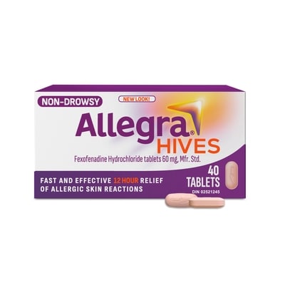 Allegra Urticaire, 12 heures de soulagement, sans somnolence, 60 mg de chlorhydrate de fexofénadine antihistaminique 40 ea, 0,45 $/1ch