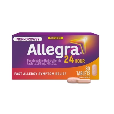 Allegra 24 Hour Allergy Medication, Non Drowsy, Fexofenadine HCl; 120mg 30 ea, $0.83/1ea