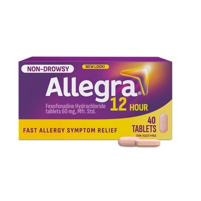 Allegra 12 heures, médicament contre les allergies, sans somnolence, 60 mg de chlorhydrate de fexofénadine 40 ea, 0,57 $/1ch