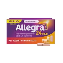 Allegra 24 Hour Allergy Medication, Non Drowsy, Fexofenadine HCl; 120mg 80 ea, $0.65/1ea