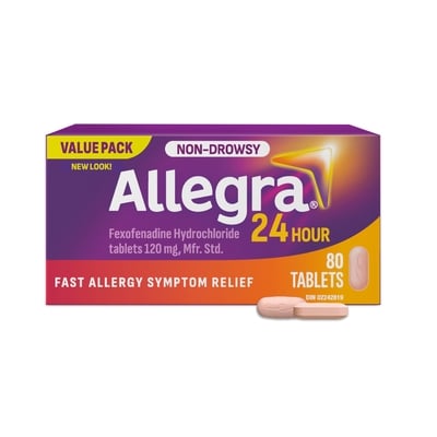 Allegra 24 heures, médicament contre les allergies, sans somnolence, 120 mg de chlorhydrate de fexofénadine 80 ea, 0,50 $/1ch