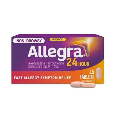 Allegra 24 heures, médicament contre les allergies, sans somnolence, 120 mg de chlorhydrate de fexofénadine 15 ea, 1,07 $/1ch