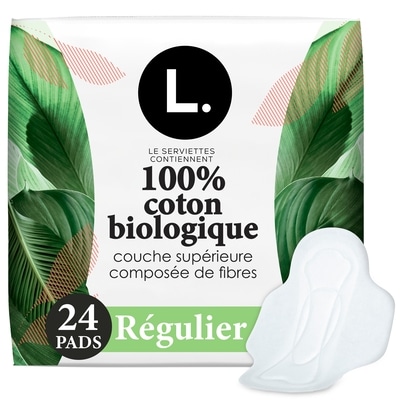 L. Serviettes ultraminces, voile supérieur en coton biologique, régulières, 24 u 24 ea, 0,42 $/1ch