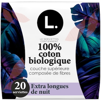 L. Serviettes ultraminces, voile supérieur en coton biologique, extra longues de nuit, 20 u 20 ea, 0,50 $/1ch