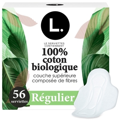 L. Serviettes menstruelles ultraminces pour femmes, degré d’absorption régulier, voile supérieur en coton biologique, avec ailes, 56 unités 56 ea, 0,30 $/1ch