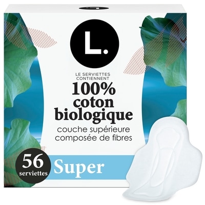 L. Serviettes menstruelles ultraminces pour femmes, degré d’absorption super, voile supérieur en coton biologique, avec ailes, 56 unités 56 ea, 0,22 $/1ch