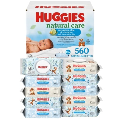 Huggies Lingettes pour bébés Natural Care Refreshing, PARFUMÉES, 10 emballages à couvercle rabattable, total de 560 lingettes 560 ea, 0,06 $/1ch