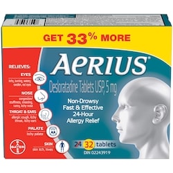 Aerius AERIUS Allergy Medicine, Fast Relief, 24-Hour, Non-Drowsy, 15 Symptoms, 24 + 8 Bonus 32 ea, $0.97/1ea