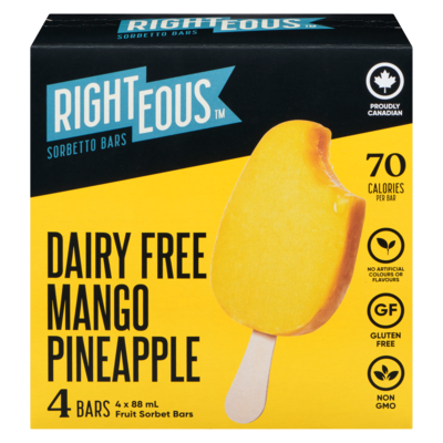 Righteous Sorbetto Bars Dairy Free Mango Pineapple 4x88.0 ml, $2.84/100ml