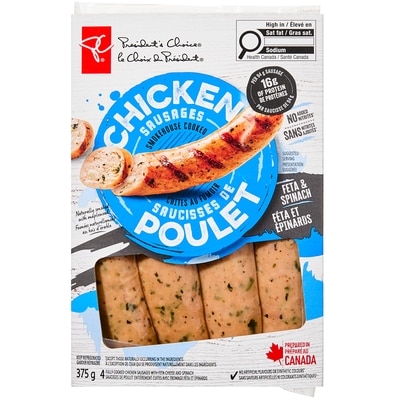 President's Choice Smoked Chicken Sausage, Spinach & Feta 375 g, $1.73/100g
