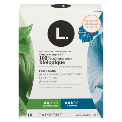 L. Tampons coton biologique sans parfum, paquet de 18 18 ea, 0,56 $/1ch