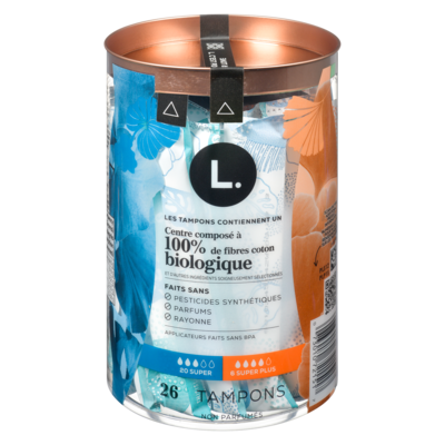 L. Tampons, fabriqués à partir de coton biologique, degré d’absorption super/super plus, emballage multiple, 26 u 26 ea, 0,62 $/1ch