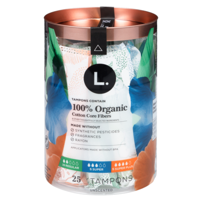L. Tampons, Made With Organic Cotton, Regular/Super/Super Plus, Multipack 25 Ct 25 ea, $0.60/1ea