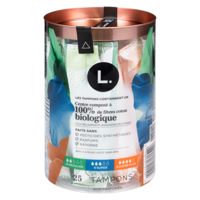 L. Tampons, fabriqués à partir de coton biologique, degré d’absorption régulier/super/super plus, emballage multiple 25u 25 ea, 0,64 $/1ch