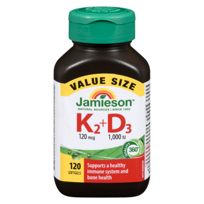 Jamieson K₂+D₃ 120 Mcg 1,000 IU Value Size 120 ea, $0.26/1ea