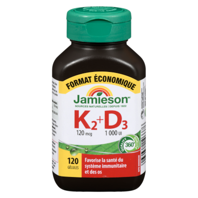 Jamieson K₂+d₃ 120 mcg 1 000 ui format économique 120 ea, 0,19 $/1ch