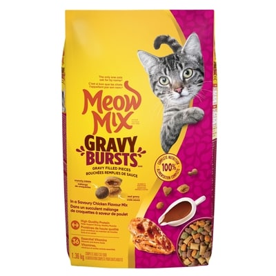Meow Mix Gravy Bursts Alimentation Complète pour Chats Adultes dans un Succulent Mélange de Croquettes à Saveur de Poulet 1360 g, 1,14 $/100g