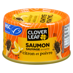 Clover Leaf Saumon sauvage émietté citron et poivre 80 g, 3,74 $/100g