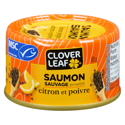 Clover Leaf Saumon sauvage émietté citron et poivre 80 g, 4,74 $/100g
