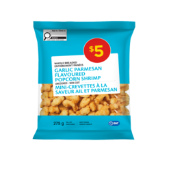 null Whole Breaded Garlic Parmesan Flavoured Popcorn Shrimp Uncooked 275 g, $1.82/100g