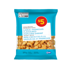 null Entiérement panées non cuit mini-crevettes à la saveur ail et parmesan 275 g, 1,82 $/100g