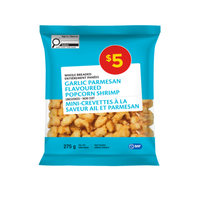 null Entiérement panées non cuit mini-crevettes à la saveur ail et parmesan 275 g, 1,82 $/100g