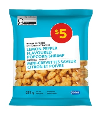 null Whole Breaded Popcorn Shrimp Uncooked, Lemon Pepper 275 g, $1.82/100g