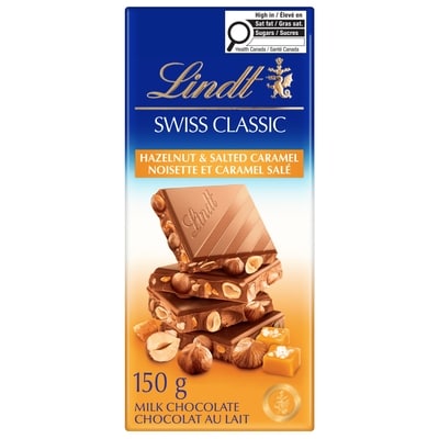 Lindt SWISS CLASSIC Milk Chocolate Hazelnut Salted Caramel 150 g, $4.66/100g