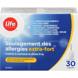 Life Soulagement des allergies extra fortcomprimés de chlorhydrate de cétirizine, usp 30 ea, 0,17 $/1ch