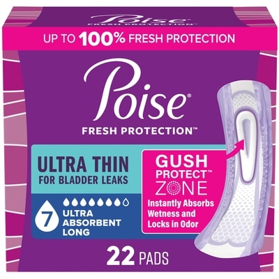 Poise Serviettes ultraminces d’incontinence et d’incontinence en période post-partum pour fuites urinaires, degré d’absorption suprême à 7 gouttes, longues, 22 unités 22 ea, 1,50 $/1ch