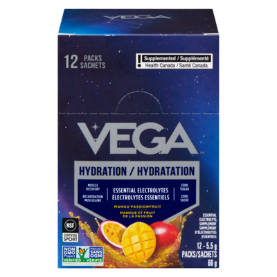 Vega Essential Electrolyte Supplement Mango Passionfruit Flavoured 12x5.5 g, $0.58/100g