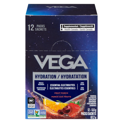 Vega Essential Electrolyte Supplement Fruit Punch Flavoured 12x5.6 g, $0.57/100g