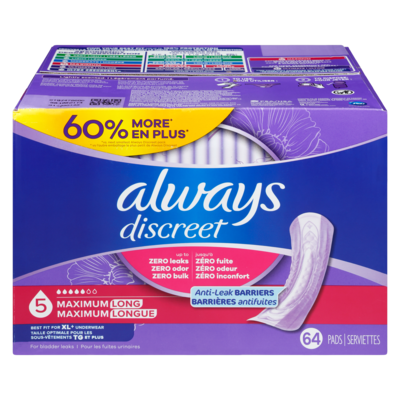 Always Adult Incontinence Pads For Women, Maximum Absorbency, Long Length, Postpartum Pads, 64 Ct 64 ea, $0.64/1ea