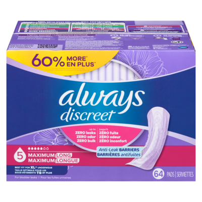 Always Serviettes d’incontinence pour femmes adultes, degré d’absorption maximale, longues, serviettes de post-partum, 64 serviettes 64 ea, 0,66 $/1ch
