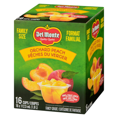 Pêches en dés dans du jus de fruit 100 % fait de concentré pêches du verger format familial