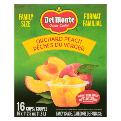 Pêches en dés dans du jus de fruit 100 % fait de concentré pêches du verger format familial